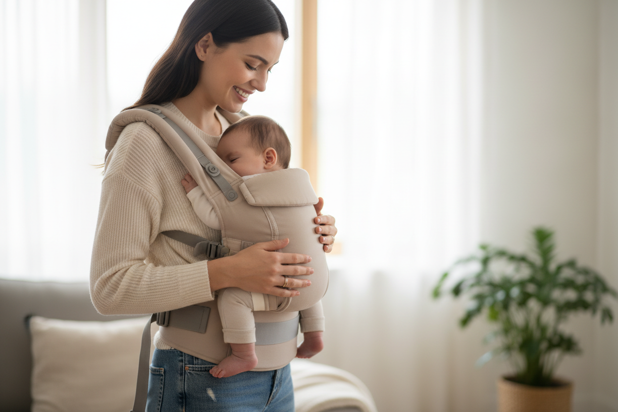une femme avec un porte bébé 